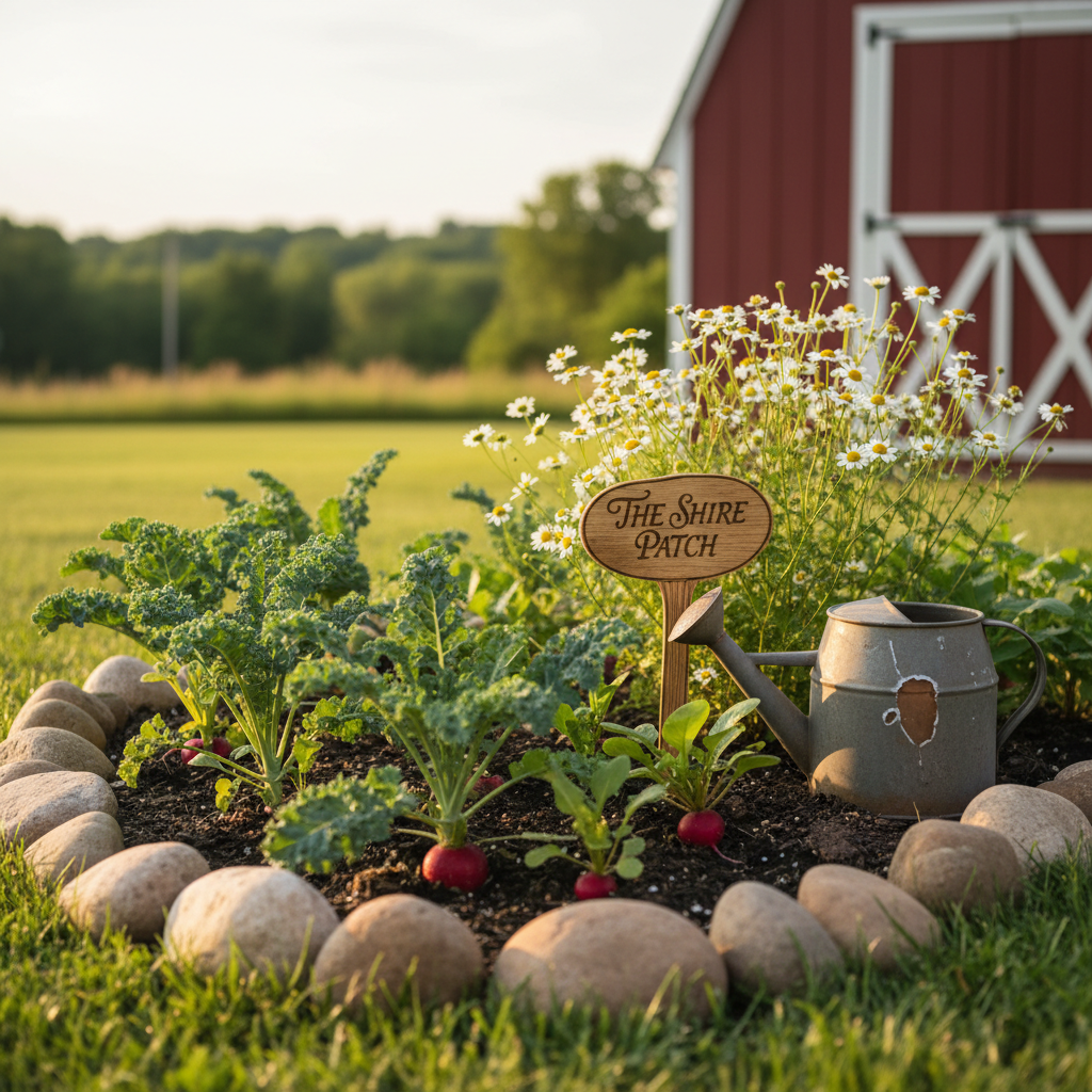 A small, meticulously tended garden bed bordered by rounded river stones, set in a Midwestern backyard that subtly echoes the rolling charm of the Shire. Rows of leafy kale, bright red radishes peeking from the soil, and clusters of chamomile blossoms emerge from rich, dark earth. A hand-carved wooden garden marker labeled in elegant script stands beside a rustic clay watering can, its surface matte and slightly chipped. Late afternoon sunlight slants in from the side, illuminating the plant textures and casting crisp yet gentle shadows across the soil. Photographic realism, captured from a low-angle, close-up perspective with shallow depth of field so the foreground plants are creamy-sharp while a blurred backdrop of a simple barn-red shed and distant trees creates a peaceful, humble, yet cultivated mood.