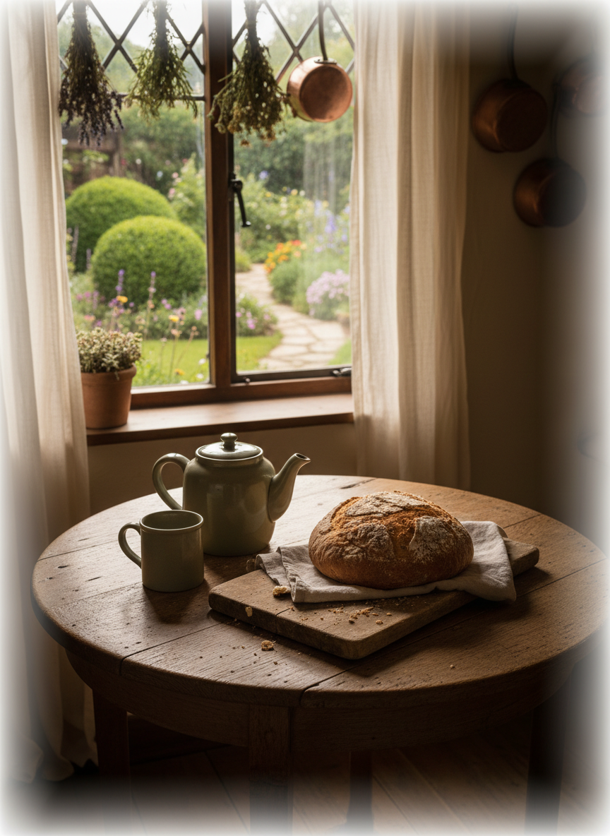 A cozy cottagecore kitchen table crafted from weathered Indiana oak, its surface showing soft scratches and rich patina, set beside a mullioned window looking out over a small, Shire-like garden. On the table rests a sturdy stoneware teapot in muted sage green, a matching mug, and a loaf of freshly baked rustic bread on a linen-draped wooden board, with crumbs scattered naturally. Morning light filters through gauzy cream curtains, creating a diffused glow and delicate highlights on the ceramic glaze. The atmosphere is serene and contemplative, evoking simple living with refined taste. Photographic realism, shot from a slightly elevated angle with a gentle vignette, rule-of-thirds composition, and subtle background bokeh of hanging copper pots and dried herbs to reinforce a warm, lived-in, yet sophisticated hobbit-inspired home.