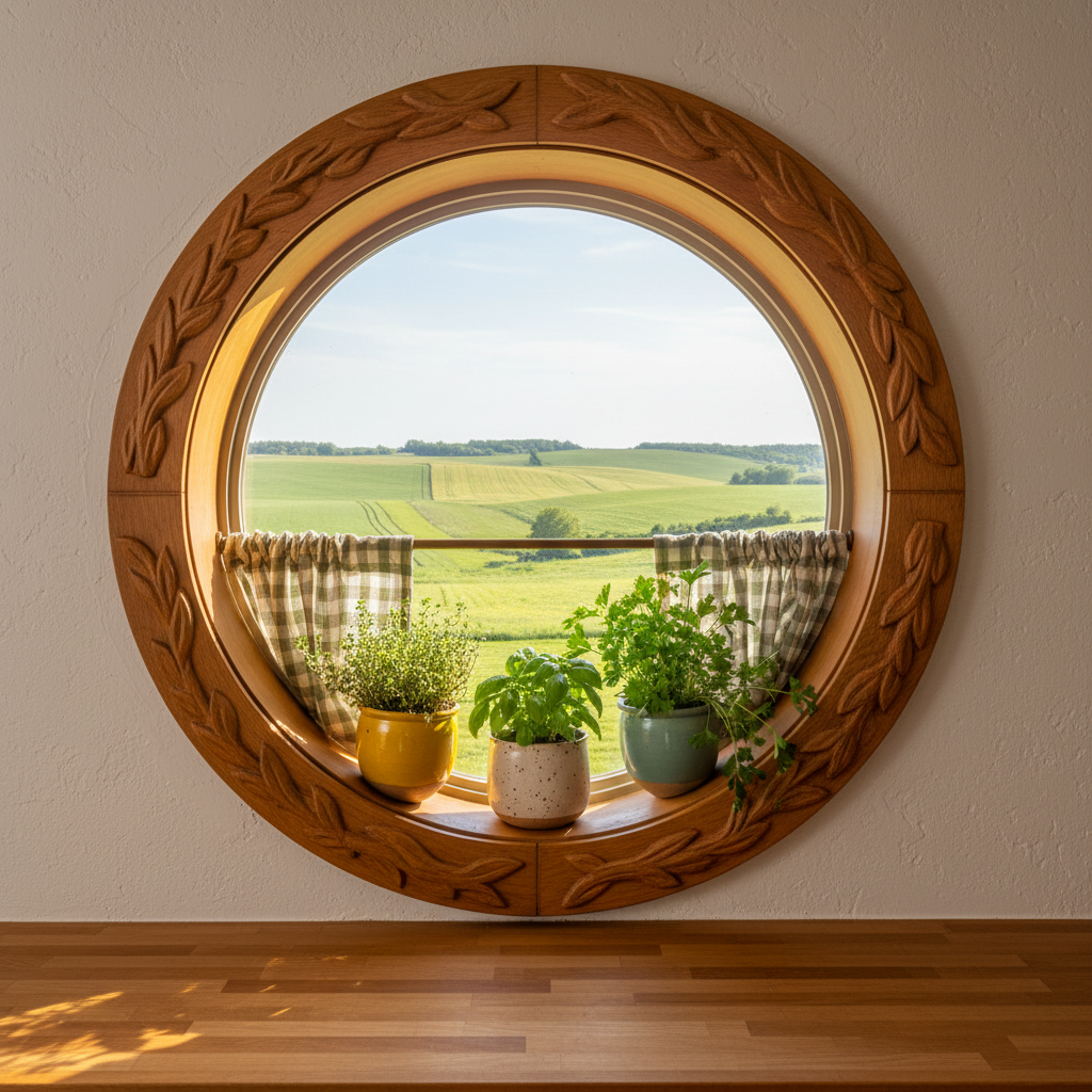 A round kitchen window with a thick, honey-colored wooden frame carved with simple leaf motifs, looking out over a patchwork of Indiana cornfields that roll like a subtle Shire landscape. On the interior sill sit three mismatched ceramic pots—one mustard yellow, one speckled cream, one soft teal—overflowing with thyme, basil, and parsley, their leaves lush and slightly dewy. A checked linen café curtain in muted forest green and oatmeal tones hangs halfway across the window. Late-morning sunlight streams through, creating dappled patterns on the whitewashed wall and the smooth butcher-block countertop below. Photographic realism, composed from an eye-level perspective, with a moderate depth of field that keeps both herbs and distant fields discernible. The atmosphere is bright, hopeful, and gently sophisticated, celebrating everyday magic in a Hoosier Hobbit kitchen.