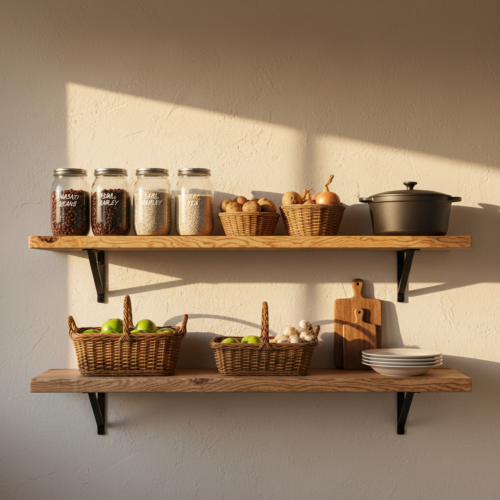 A rustic yet refined open pantry shelf crafted from thick, unfinished maple planks, mounted against a soft cream plaster wall, styled in a sophisticated cottagecore aesthetic. Neatly arranged glass jars with hand-lettered labels display dried beans, pearl barley, and looseleaf tea, their textures clearly visible through the clear glass. Woven willow baskets hold russet potatoes and pale yellow onions, while a cast-iron Dutch oven in muted charcoal sits at one end. Early evening light from a nearby window casts a warm, angled glow across the shelves, creating pronounced but gentle shadows that highlight each object’s form. Photographic realism shot straight-on with sharp focus throughout, emphasizing order and simplicity. The mood is calm, intentional, and homestead-practical with a Shire-worthy sense of abundance and understated Midwest elegance.